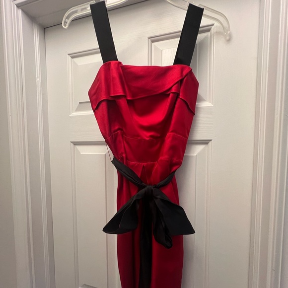 Bebe Red Silk Dress with Black Straps and Sash - Picture 2 of 3